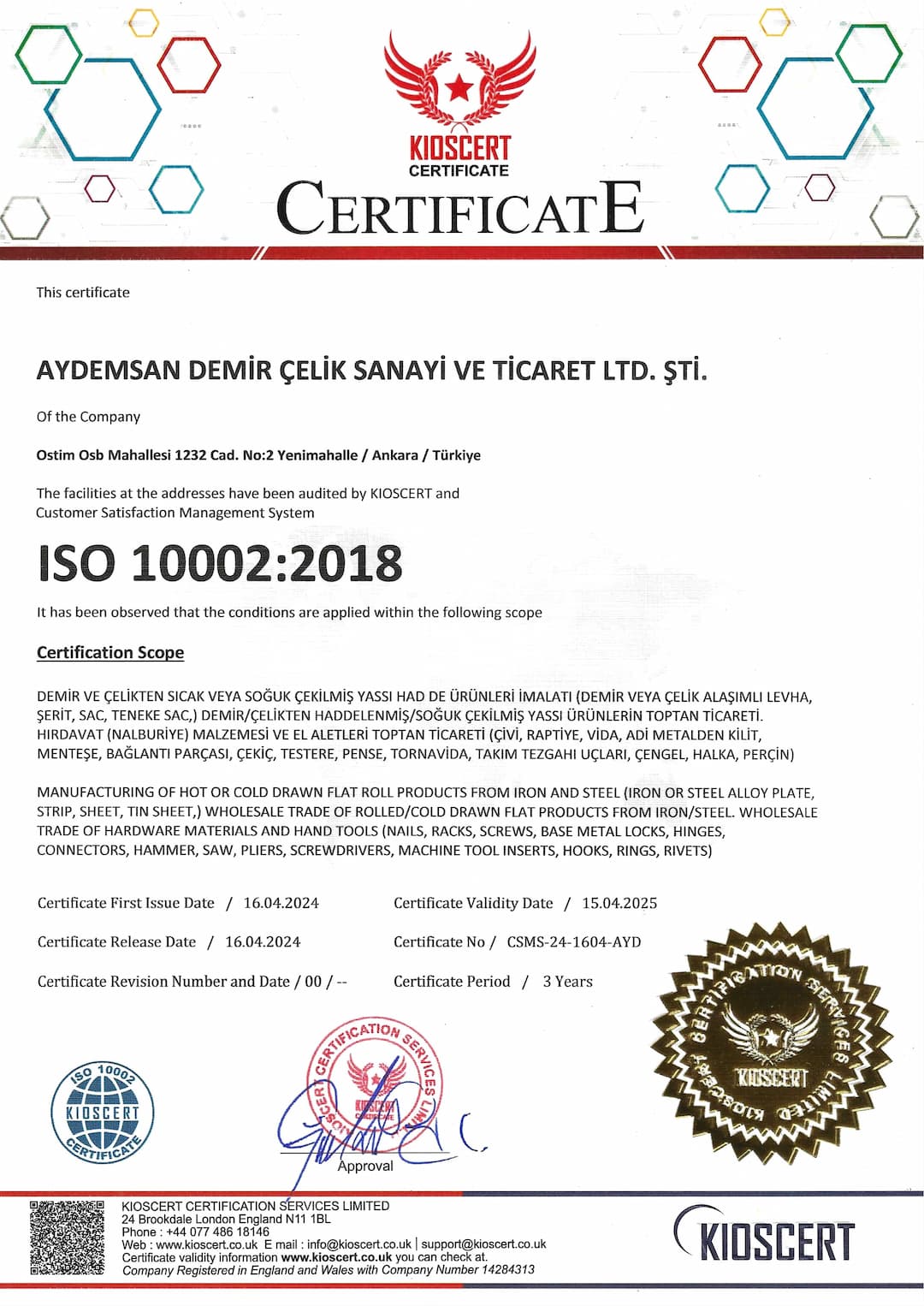 aydemsan-iso10002 belgesi