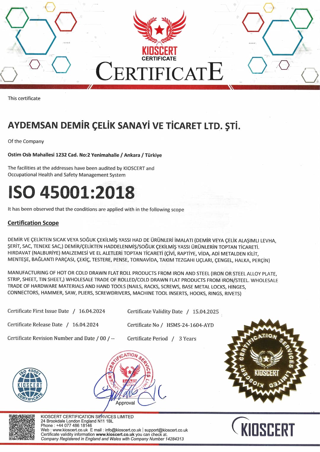 aydemsan-iso45001 belgesi