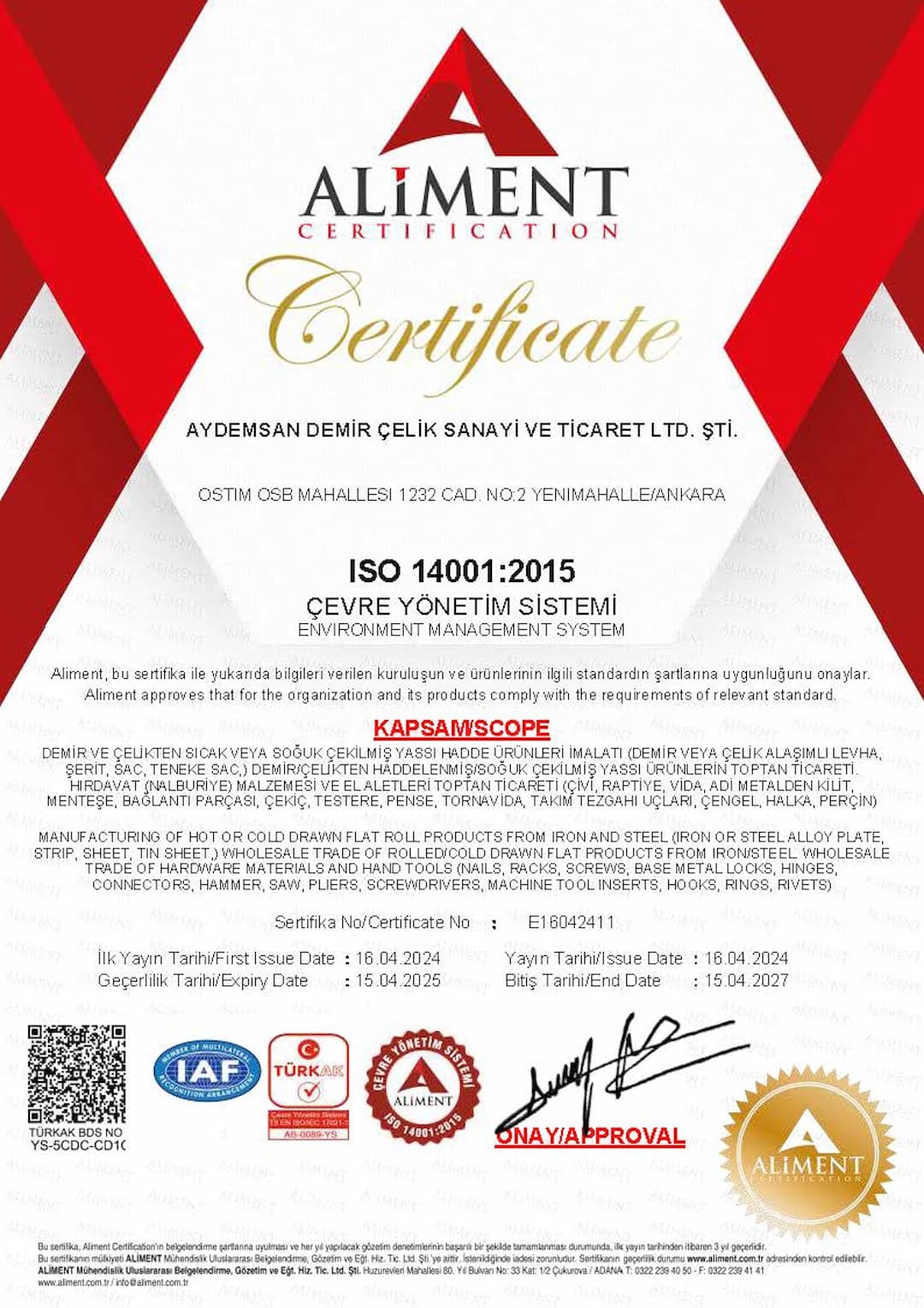 aydemsan-iso14001 belgesi